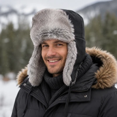 Chapeau Ouchanka d'hiver pour hommes en cuir véritable fourrure de lapin trap... - Photo 1/4
