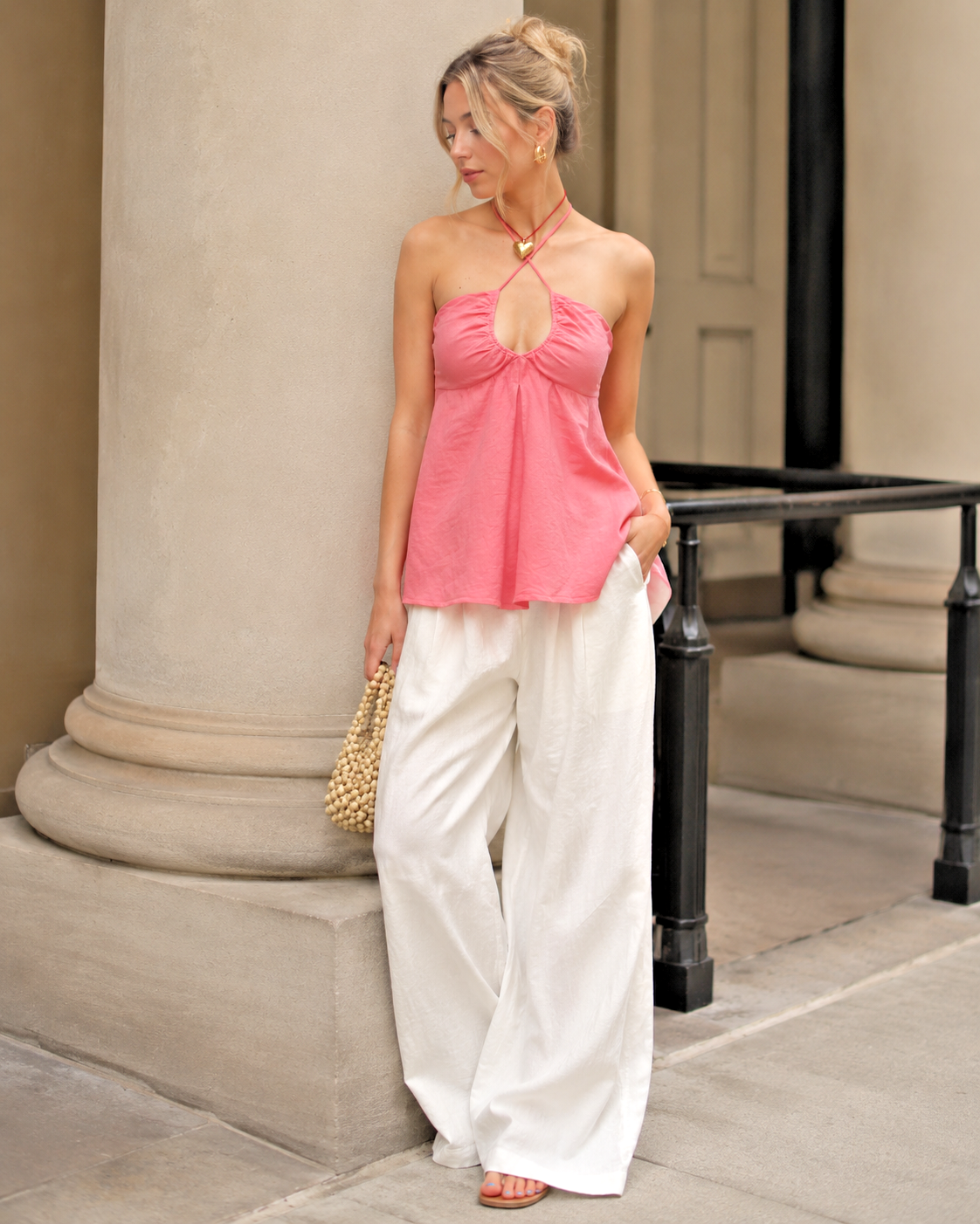 120% Lino Pink Linen Halter Babydoll Tunic Top IT 42 S/M Empire Waist