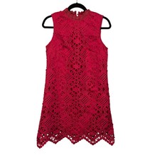 Chi Chi London Shift Mini Dress 10 Lace High Neck Sleeveless Scallop Hem Red