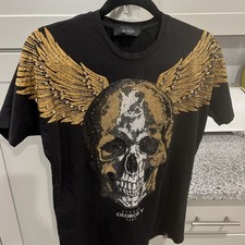 Avenue George V Paris Men's S Black T-Shirt Skull Angel Wing Rhinestone