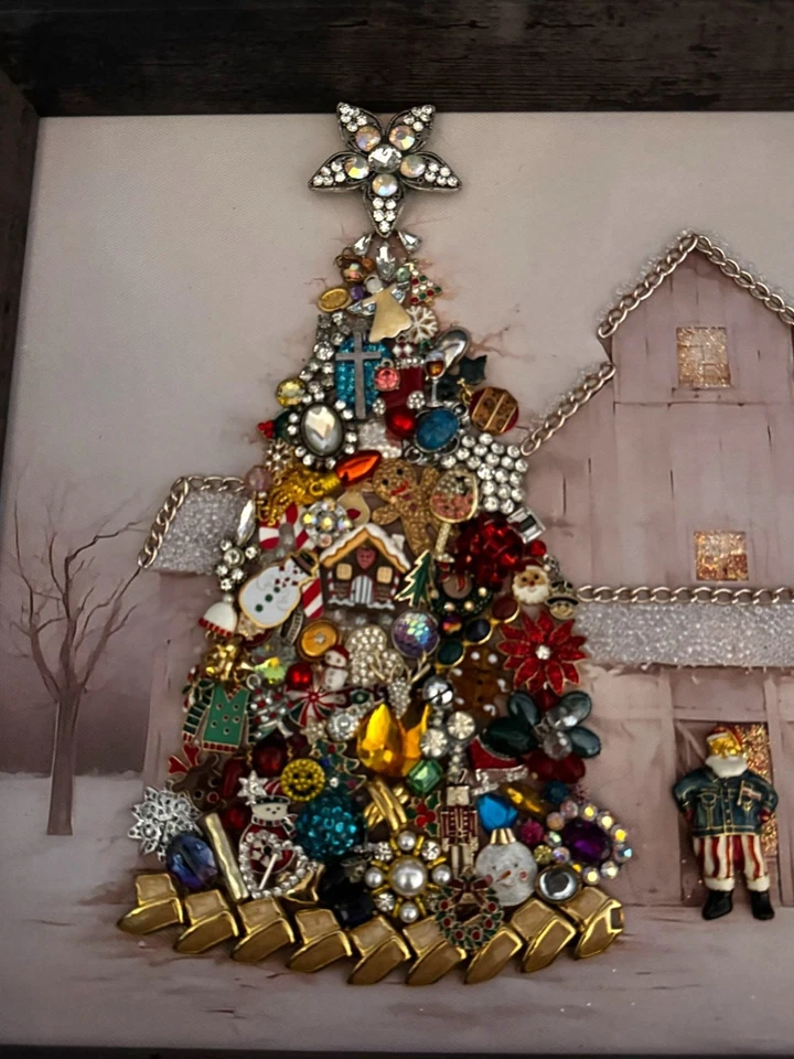 Original Designs Christmas Jewelry Tree Barn Scene Framed Art Mixed Media 15"x12 - Image 3 of 4