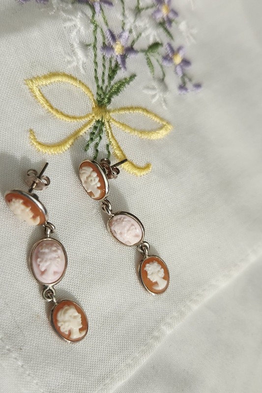 Sterling silver Cameo Earrings 1. 1/4" Pink Coral & Shell Cameos post design 