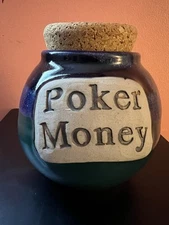 Poker Money Jar w/ Cork Lid Blue Green Handcrafted By Tumbleweed Pottery