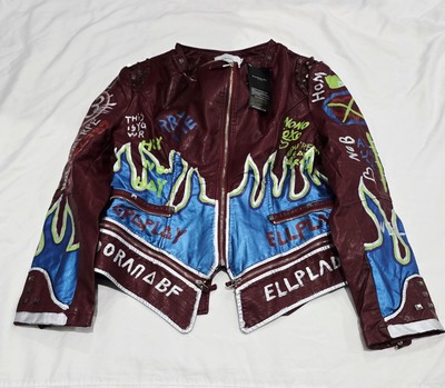 Fashion SX Women's Wine Red PU Leather Hand Painted Graffiti Biker Jacket, XXL