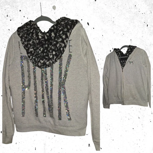 UNDERCOVER VINTAGE Victoria's Secret ROSA VS Full Zip Pelliccia Foderata Felpa con Cappuccio Giacca Paillettes Cane L