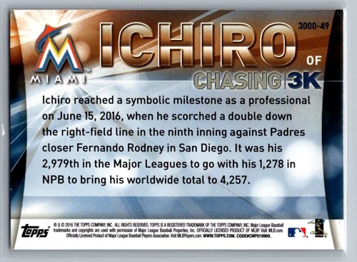 2016 Topps Chasing 3,000 Ichiro #3000-49 - Picture 2 of 2