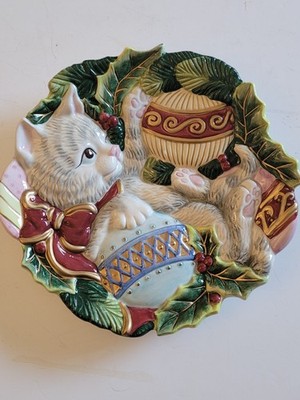 Fitz and Floyd Kristmas Kitty Canape Plate 3D Christmas Cat 8.5 