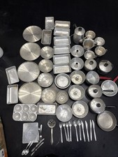 Vtg Red Handle Aluminum  Metal Play Toy Dishes Baking Cooking Mixed Lot