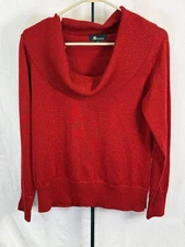 AB Studio Women’s Red Metallic Cowl Neck Sweater Long Sleeve Holiday Party Large