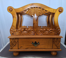 Vintage Carved Wooden Magazine Rack Newspaper Holder w/ Storage Drawer Ball Feet