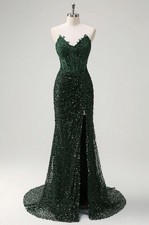 Sparkly Mermaid Sweetheart Dark Green Corset Sequins Lace Prom Dress with Slit