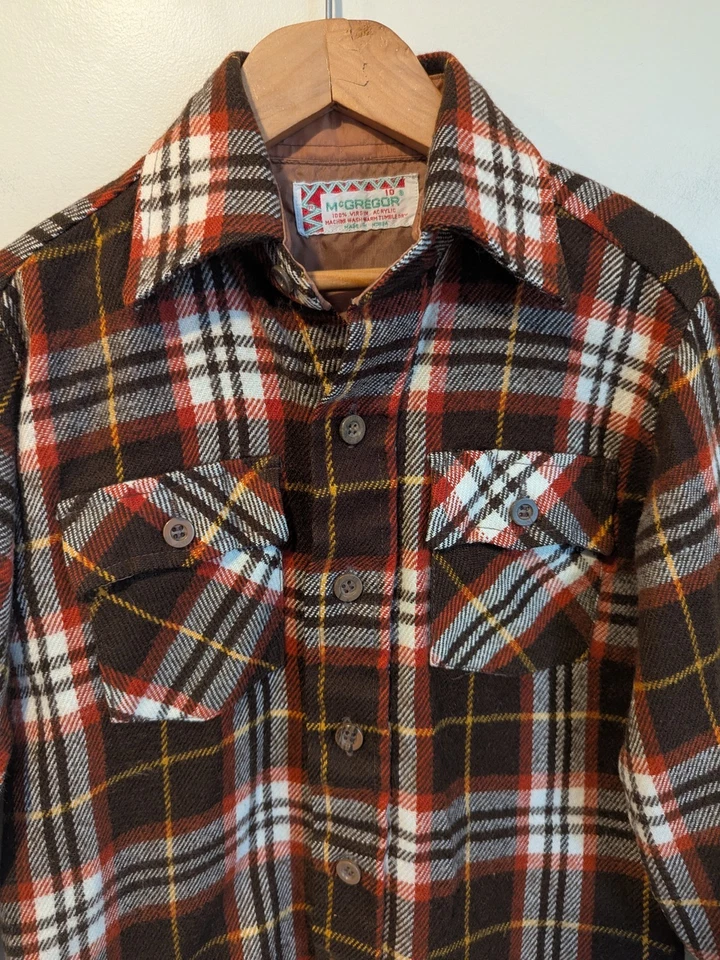 Camisa De Franela de Lana Acrílica Años 70 De Colección Jóvenes Niños Marrón Cuadros McGregor Retro Foto 3 de 4