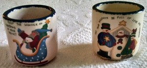 A Pair of Christmas Holiday Snowmen Votive/Tea Light Candle Holders