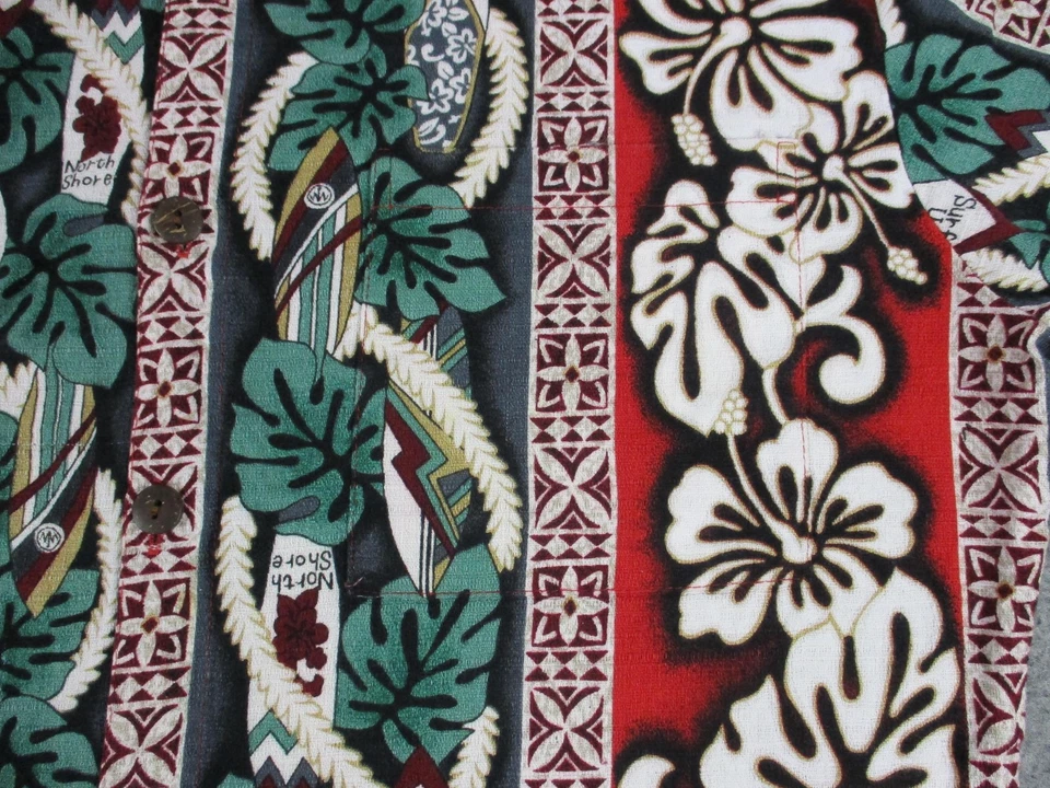 Camisa masculina Hilo Hattie média vermelha verde havaiana Aloha botão frontal feita nos EUA - Imagem 3 de 4