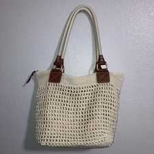 The Sak Cambria Crochet Ivory Shoulder Tote Handbag Gold Underlay Braided Straps