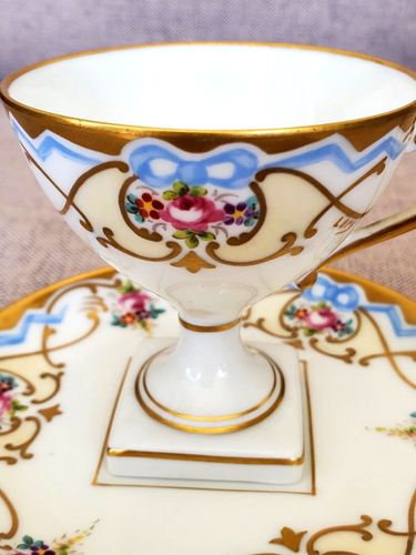 LIMOGES SQUARE-BASE TEACUP & SAUCER SET FLOWERS RIBBONS BOWS HAND-PAINTED SIGNED - Picture 2 of 12