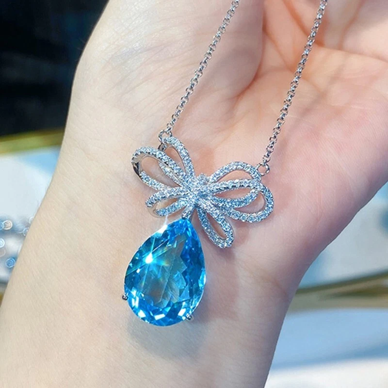 New Waterdrop Ocean Topaz Charm Bow Gemstone Women Girl Silver Necklace Pendant