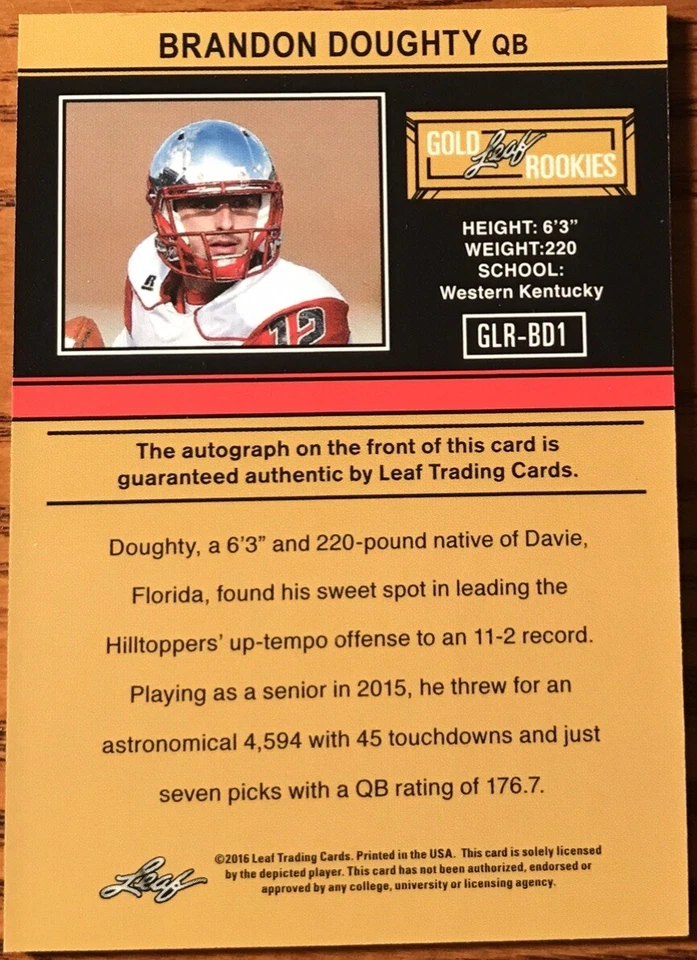 2016 Leaf Ultimate Draft ‘91 Rookie Autographs Gold Brandon Doughty #’d 16/20 - Image 2 of 2