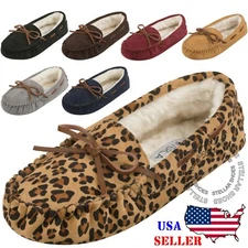NEW Women's Moccasin Faux Fur Suede Vegan Comfy Indoor Outdoor Slippers Flat