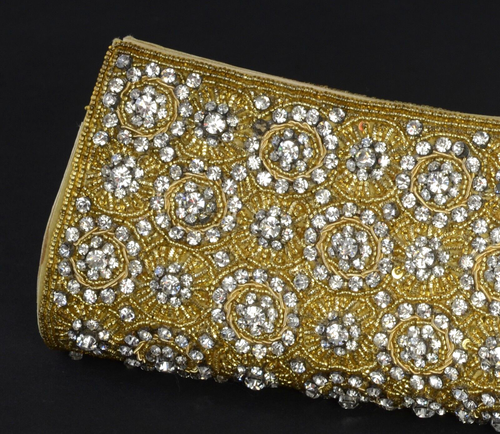 Vintage GOLD BEADED & DIAMANTE / JEWELLED CLUTCH/ OVER ARM EVENING BAG Small - Picture 5 of 11