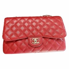 RARE CHANEL 10C Red Jumbo Caviar Leather Single Flap Bag Silver AUTHENTIC