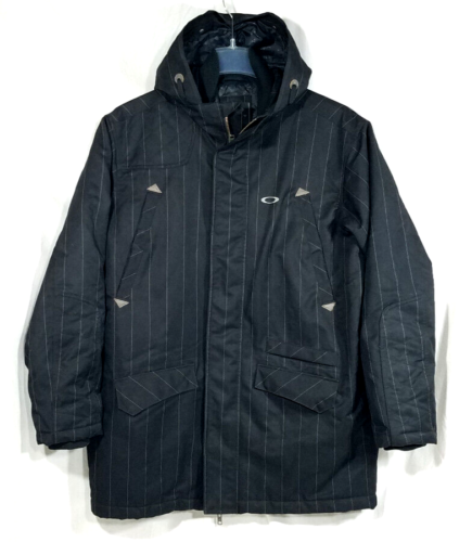 Oakley Jacket Full Zip Hood Parka Black Pinstripe Coat Magnetic Buttons Pockets