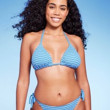 Shade  Shore Women's Halter Triangle Bikini Top Blue Stripe Size Large 12-14