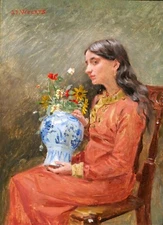 Jean Joseph WEERTS Portrait Painting Woman Flowers Roubaix Art Nouveau