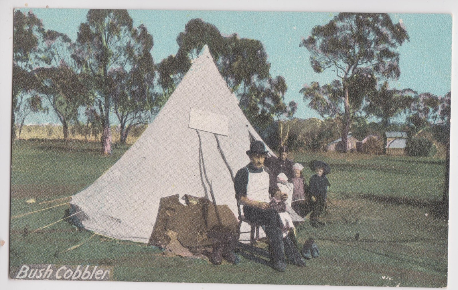Australia: Bush Cobbler with Tent & Family, colour vintage postcard, early 1900s