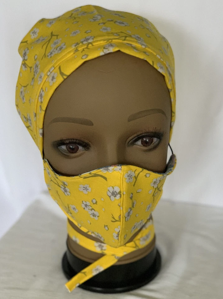 Yellow Floral Scrub Hat And Face Mask Set - Image 4 of 4