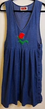 Vintage U.S. Dress Co. Blue Vneck Jumper Overall Dress Pleater Rose Sz MEDIUM