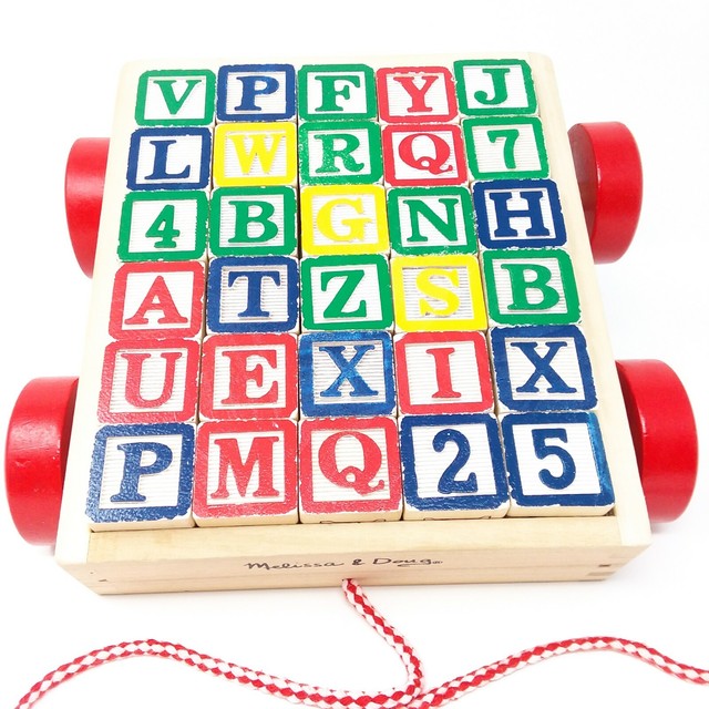 Melissa & Doug Classic ABC 123 Alphabet Wooden Block Cart 30 Wood