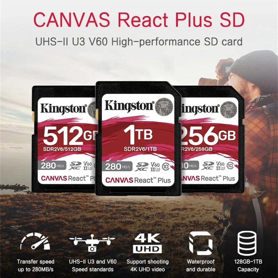 Kingston Canvas React Plus 128GB 256GB 512GB UHS-II V60 SD Memory Card 280MB/s - Image 2 of 4