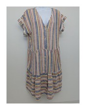Next Multicoloured Stripe Linen Blend Tiered Midi Dress Size M Button Through