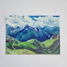 5x7 mountains French Alps acrylic abstract painting - paper blue green landscape