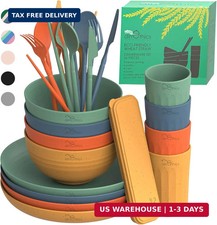 Wheat Straw Dinnerware Sets For 4 - Camping Plates Cups And Bowls Set - Dishwash