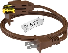 Indoor Brown Extension Cord 6 Feet, 3-Outlet Household Extension Cord, 2 Prong, 