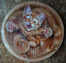 Original painting "HELLO. HAPPINESS!", ginger kittens, Hand-painted wooden plate