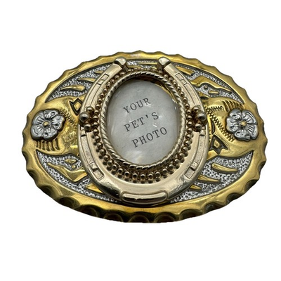 #ad #ad Belt Buckle Pet Photo Frame Vintage Western Horseshoe Gold Silver Tone Cowboy $47.95
