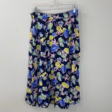 Talbots Navy Floral Midi Skirt Women's 6 A-Line Rayon High Waist Botanical Print