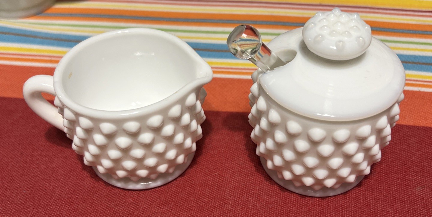 Vintage Fenton Hobnail Milk Glass Sugar Bowl Set with Lid Spoon and Mini Creamer