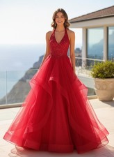 Long Red Ruffled Ball Gown Halter Embroidered Beaded Prom Dress Size 18