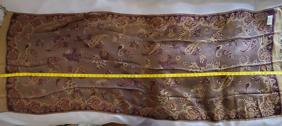 Vtg Pashmina Cashmere Silk Shawl Wrap Scarf Purple Brown Floral 27" X 73" - Image 4 of 4