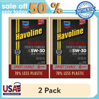 (2 pack) Chevron Havoline High Mileage Synthetic Technology Motor Oil 5W-30, 6qt