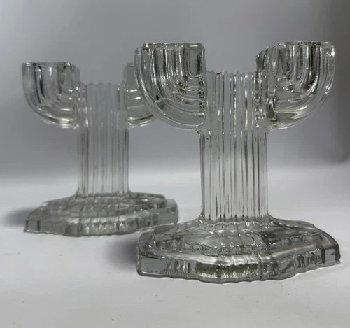 Vintage Anchor Hocking Queen Mary Dual Candlesticks Set 2 1940’s Art Deco