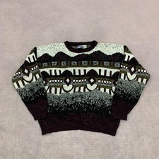 Vintage Knitted Jumper abstract patterned grandad knit sweater Men's L