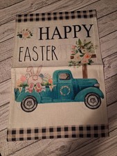 Happy Easter Eggs Bunny Garden Flag Blue Truck 12X18 Inch Double Sided Burlap