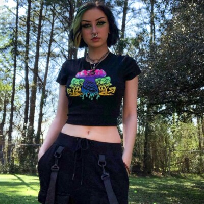 Mushroom Print Short Sleeve Crop Top Psychedelic Hippie O-neck Sprout Black Tee