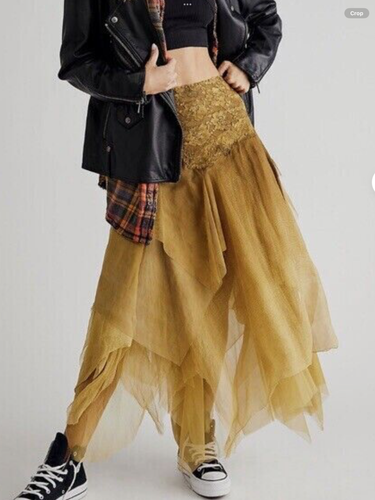 Free People Fairy Chiffon Skirt Size large yellow (dark gold tone) nwt RRP $228