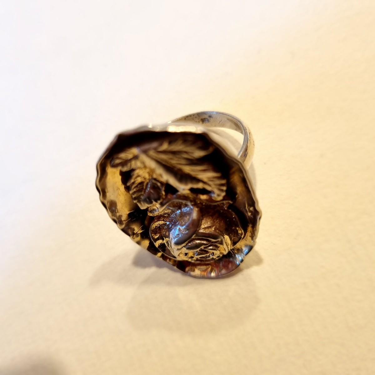Bague Ancienne Artisanale Argent 925 - Taille 59, Ajourée Avec Agate Rose, Occasion